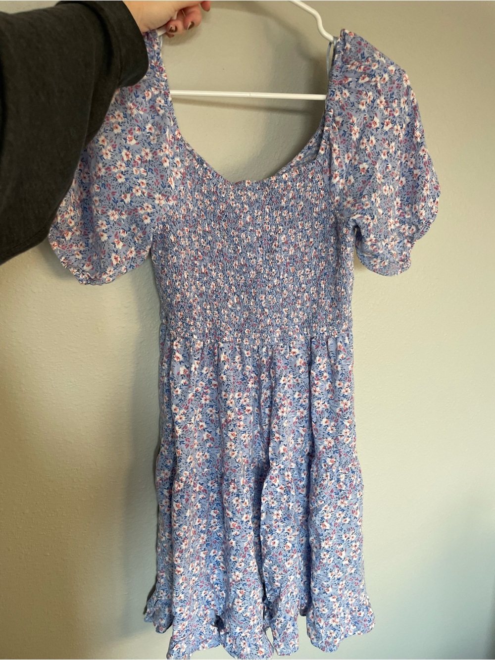 Blue Floral Smocked Puff-Sleeve Womens Dress